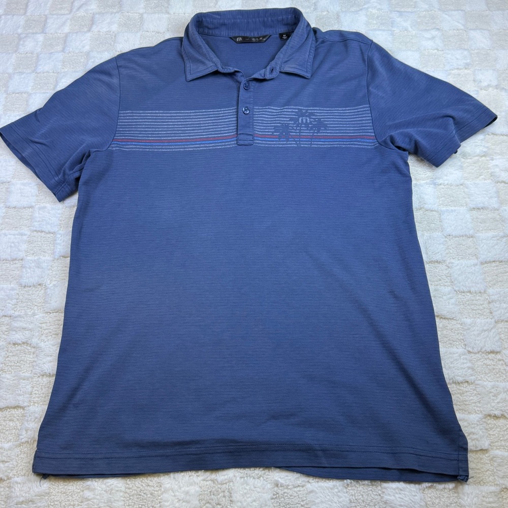 Travis Mathew Mens Blue Striped Palm Tree Logo Golf Polo Shirt Size M